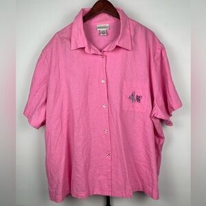 Anna Maxwell Pink Linen Blend Embroidered Floral Short Sleeve Button Up‎ Shirt